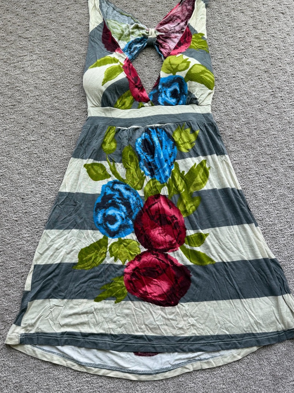 Striped Dress with Floral Accents and Cut-out Back